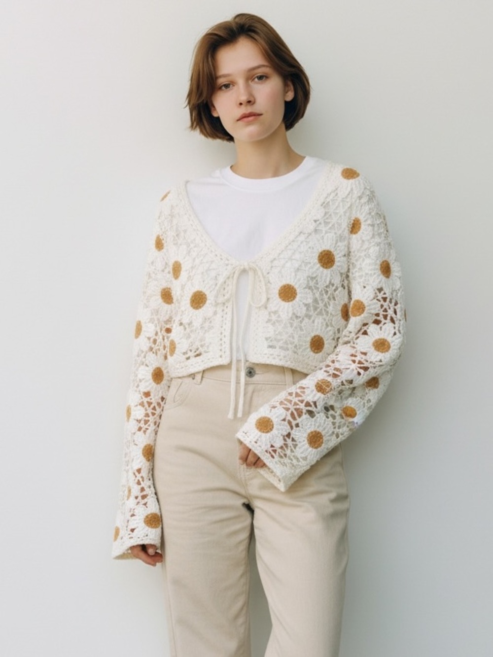 moon & madison Daisey Crochet Tie-Front Cropped Cardigan